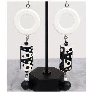 90s Groovy Retro Earrings Hand Painted 3.5" Black/White Dangle Hippie Nordstrom